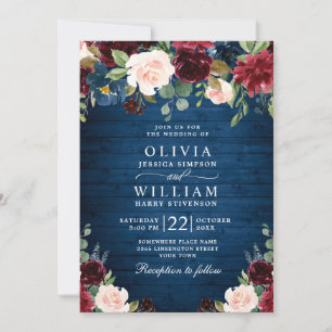 Invitation Burgundy Navy Blue Blush Rustic Floral Mariage