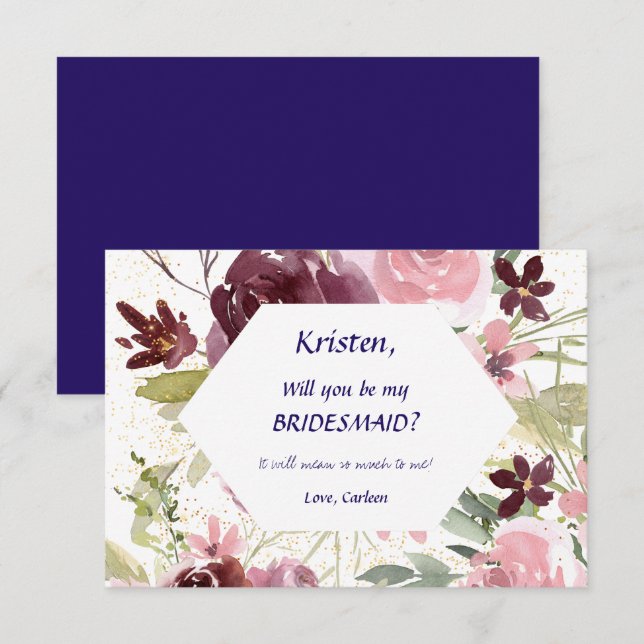 Invitation Burgundy Navy Blue Floral Be My Bridesmaid (Devant / Derrière)
