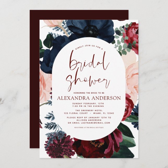 Invitation Burgundy Navy Blue Floral Eucalyptus Fête des mari (Devant / Derrière)