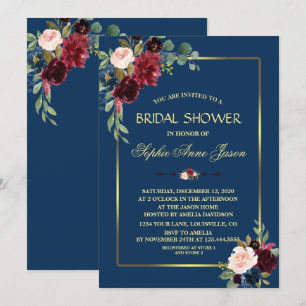 Invitation Burgundy Navy Blue Floral Gold Frame Fête des mari
