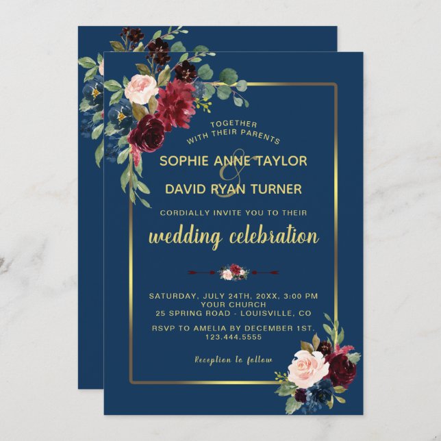 Invitation Burgundy Navy Blue Floral Golden Frame Mariage (Devant / Derrière)