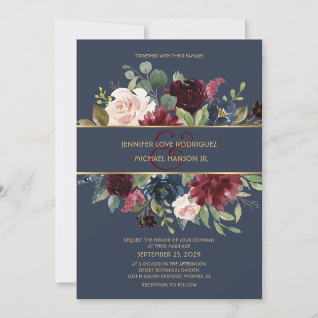 Invitation Burgundy & Navy Blue Gold Floral Boho Chic Mariage (Devant)