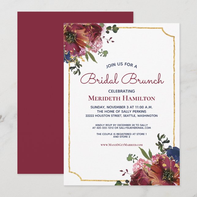 Invitation Burgundy Navy Blue Gold Floral Fête des mariées (Devant / Derrière)