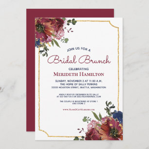 Invitation Burgundy Navy Blue Gold Floral Fête des mariées