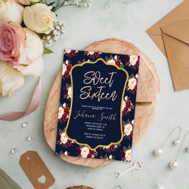 Invitation Burgundy Navy Blue Peony Floral 16e anniversaire (Créateur téléchargé)
