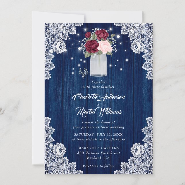 Invitation Burgundy Navy Blue Wood Lace Floral Mariage (Devant)