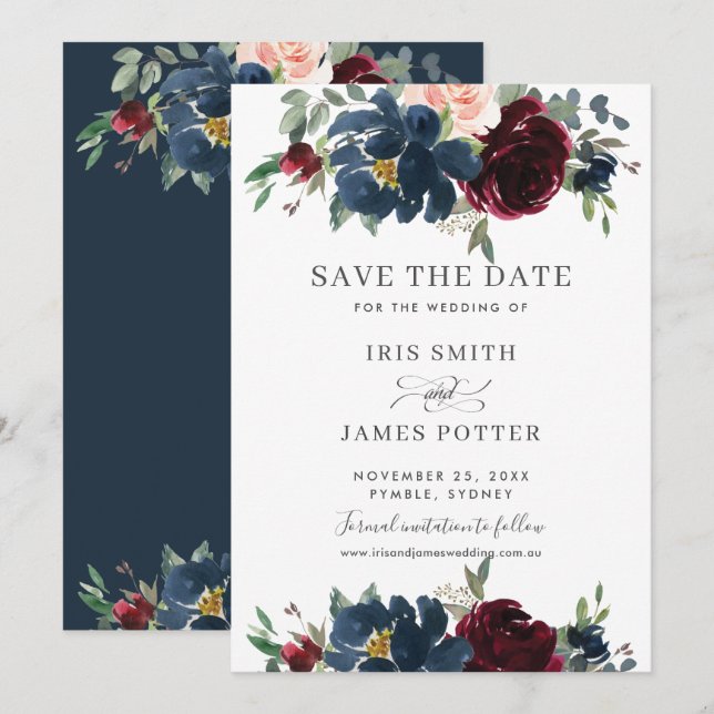 Invitation Burgundy Navy Blush Fleurs Mariage Save the Date (Devant / Derrière)
