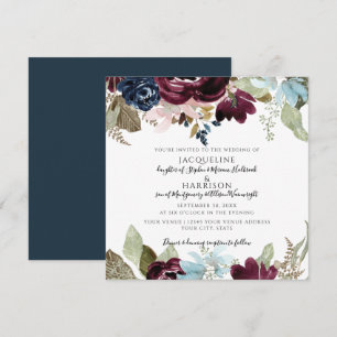 Invitation Burgundy Navy Blush Floral Elegant Foliant Mariage