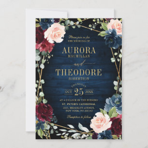 Invitation Burgundy Navy Blush Floral Gold Mariage géométriqu