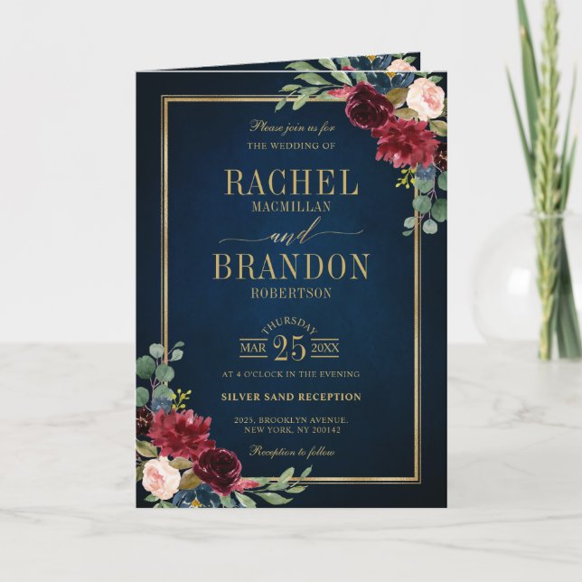 Invitation Burgundy Navy Blush Floral Gold Mariage géométriqu (Devant)