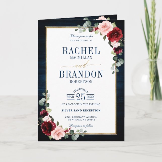 Invitation Burgundy Navy Blush Floral Gold Mariage géométriqu (Devant)