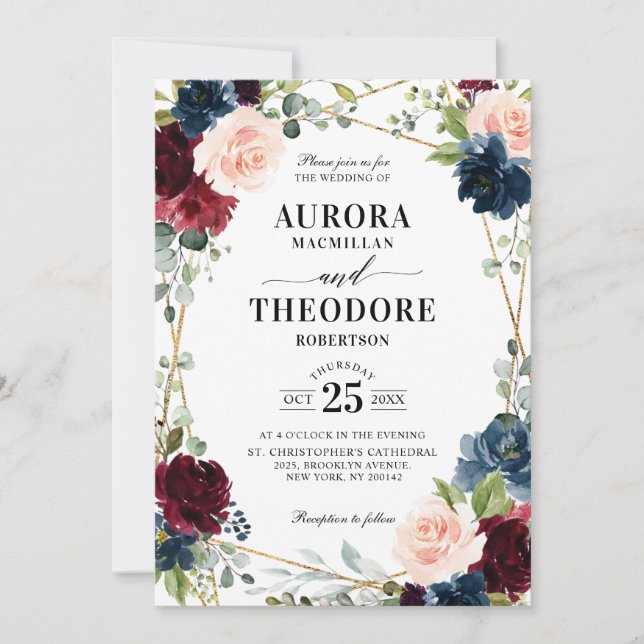 Invitation Burgundy Navy Blush Gold Geometry Code QR Mariage (Devant)