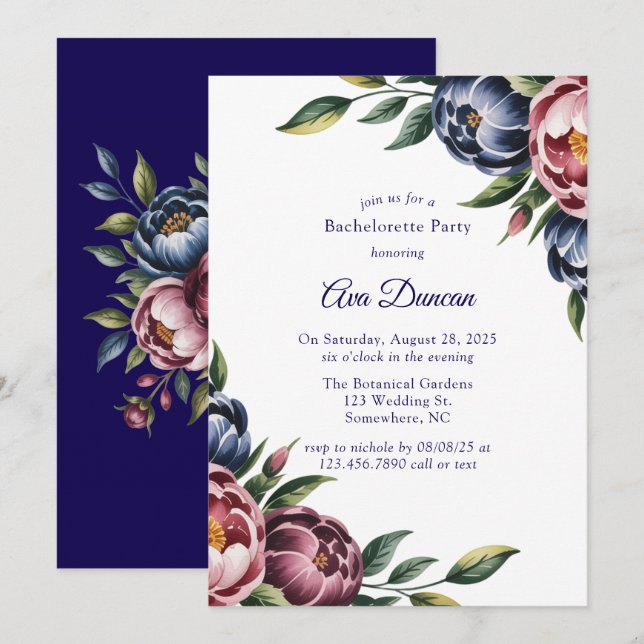 Invitation Burgundy Navy Blush Peony Bachelorette Party (Devant / Derrière)