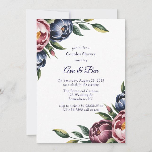 Invitation Burgundy Navy Blush Peony Couples Douche (Devant)