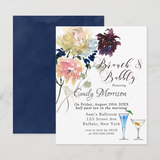 Invitation Burgundy Navy Blush Pink Peony Brunch & Bubbly Inv (Devant / Derrière)