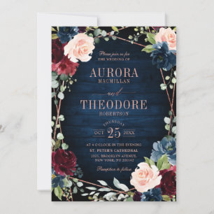 Invitation Burgundy Navy Blush Rose Gold Mariage géométrique