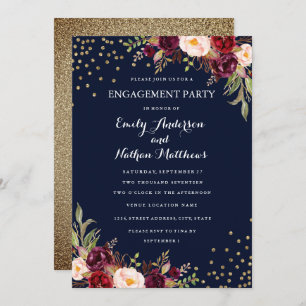 Invitation Burgundy Navy Confetti Floral Engagement Party