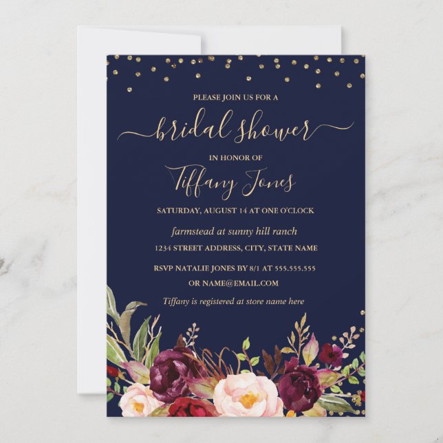 Invitation Burgundy Navy Confetti Floral Gold Fête des mariée (Devant)