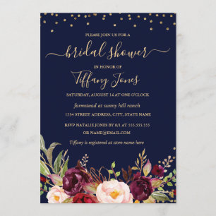 Invitation Burgundy Navy Confetti Floral Or Rose Gold Mariage