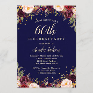 Invitation Burgundy Navy Elégant Floral 60e Anniversaire