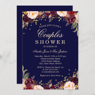 Invitation Burgundy Navy Elégant Floral Couples