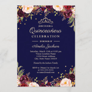 Invitation Burgundy Navy Élégant Floral Quinceanera