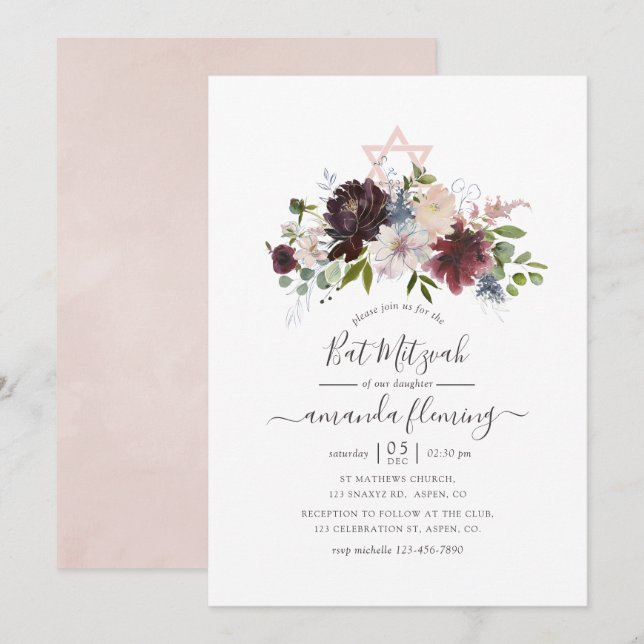 Invitation Burgundy, Navy et Blush Bar Mitzvah (Devant / Derrière)