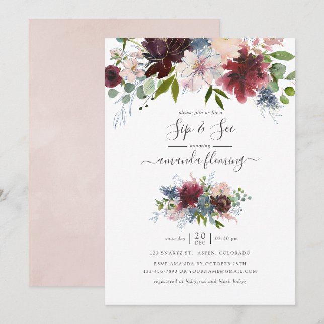 Invitation Burgundy, Navy et Blush Floral Sip et Voir (Devant / Derrière)