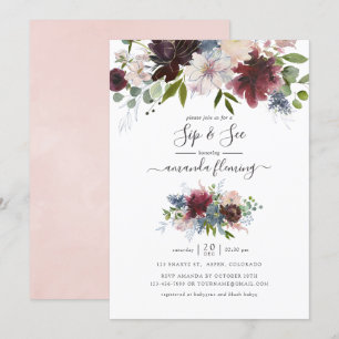 Invitation Burgundy, Navy et Blush Floral Sip et Voir