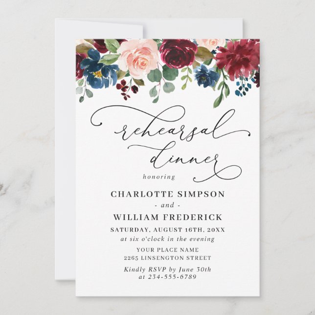 Invitation Burgundy Navy Eucalyptus Rose REHEARSAL DINNER (Devant)