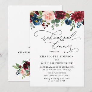 Invitation Burgundy Navy Eucalyptus Rose REHEARSAL DINNER