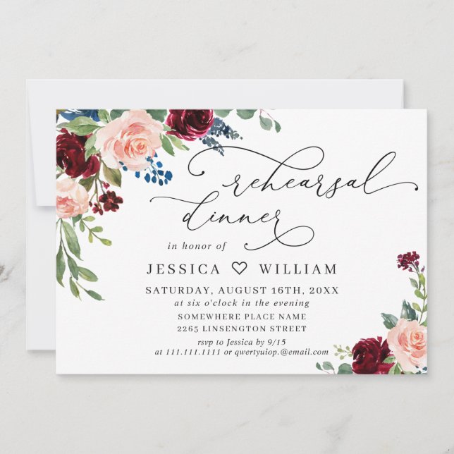 Invitation Burgundy Navy Eucalyptus Roses REHEARSAL DINNER (Devant)