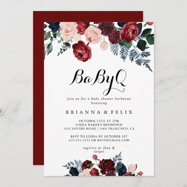 Invitation Burgundy Navy Floral BabyQ Baby shower Barbecue (Devant / Derrière)