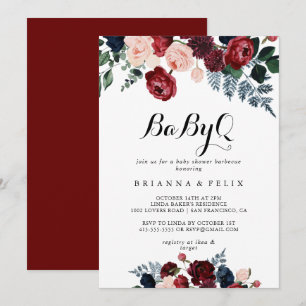 Invitation Burgundy Navy Floral BabyQ Baby shower Barbecue