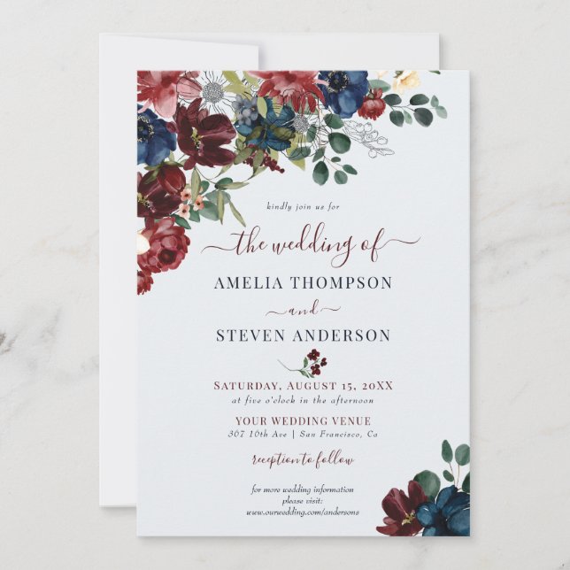 Invitation Burgundy & Navy Floral Classal Mariage (Devant)