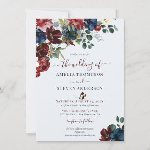 Invitation Burgundy & Navy Floral Classal Mariage