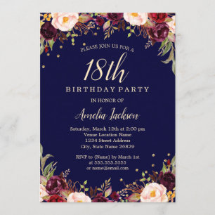 Invitation Burgundy Navy Floral Elégant 18ème Anniversaire