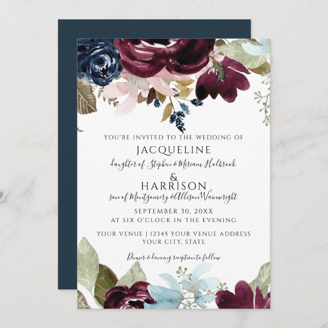 Invitation Burgundy Navy Floral Elegant Fall Foliing Mariage (Devant / Derrière)