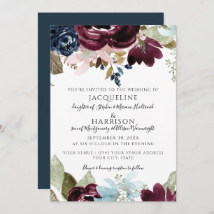 Invitation Burgundy Navy Floral Elegant Fall Foliing Mariage