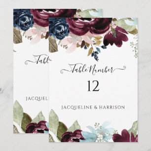 Invitation Burgundy Navy Floral Elegant Foliant Numéro de tab