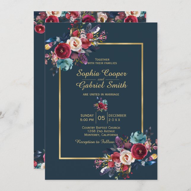 Invitation Burgundy Navy Floral Gold Frame sur Mariage de mar (Devant / Derrière)