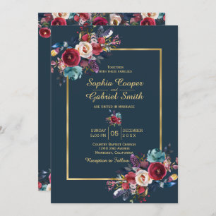 Invitation Burgundy Navy Floral Gold Frame sur Mariage de mar