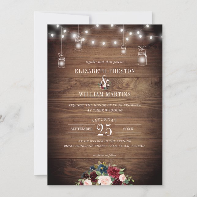 Invitation Burgundy Navy Floral Rustic Barn Mariage en bois (Devant)