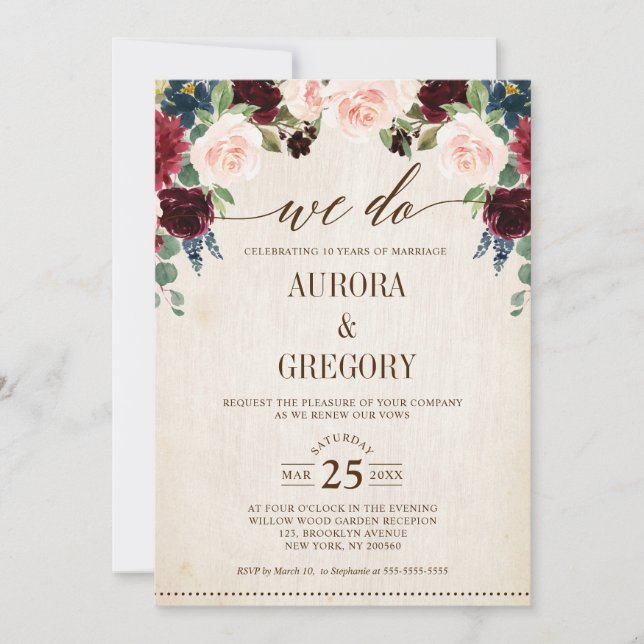 Invitation Burgundy Navy Floral Rustic Pays Nous faisons (Devant)