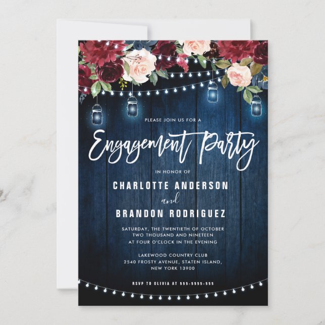 Invitation Burgundy Navy Floral String Light Engagement (Devant)