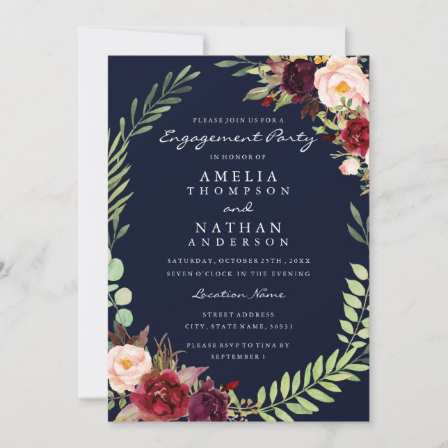 Invitation Burgundy Navy Floral Wreath Engagement (Devant)
