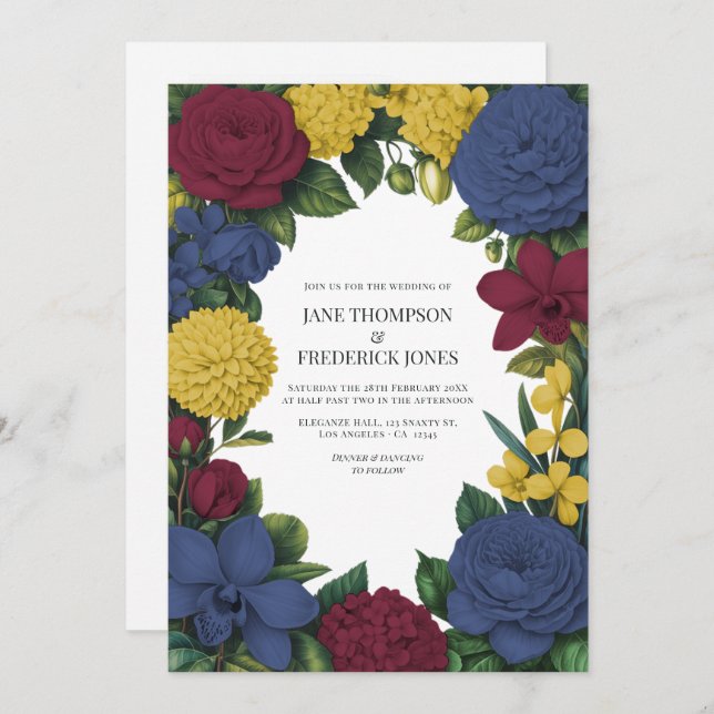 Invitation Burgundy, Navy & Gold Floral Wedding (Devant / Derrière)