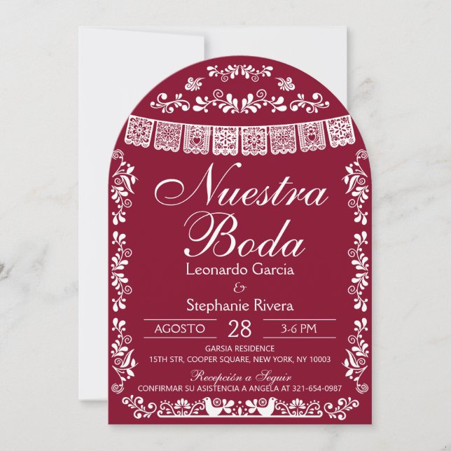 Invitation Burgundy Nuestra Boda Papel Picado Spanish Wedding (Devant)
