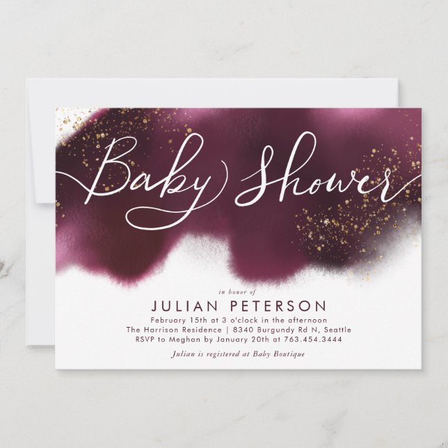Invitation Burgundy Ombre Baby shower Gold Parties scintillan (Devant)