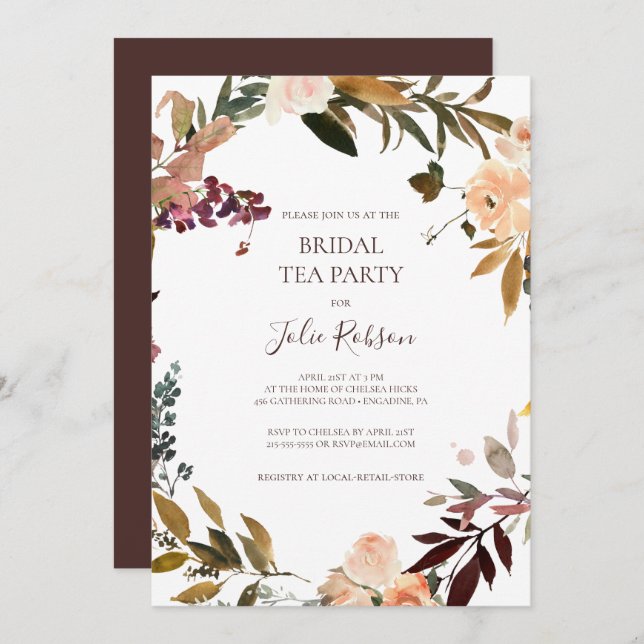 Invitation Burgundy Orange Floral Bridal Tea Party (Devant / Derrière)